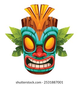 Wooden tiki mask with tropical leaves. Vector cartoon illustration