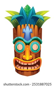 Máscara de tiki de madeira com folhas tropicais e folhagem verde. Ilustração de desenho animado vetorial