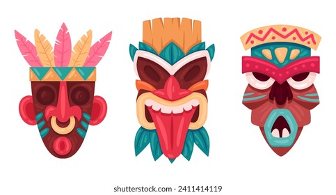 Wooden tiki masks. Cartoon ceremonial tiki totem masks, african or hawaiian idols flat vector illustration set. Ethnic tribal ritual masks