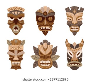 Wooden tiki masks. Cartoon tribal ritual masks. Aztec, african or hawaiian idols flat vector illustration set. Ceremonial ethnic tiki totem masks