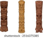 Wooden tiki totem poles. Vector cartoon illustrations bundle with each image on a separate layer.