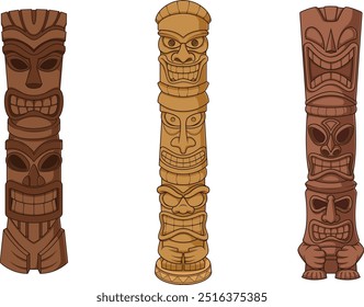 Totens de tiki de madeira. Ilustrações de desenhos animados vetoriais agrupadas com cada imagem em uma camada separada.