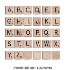 Wooden tiles alphabet 3d realistic letters. Word puzzling board game design elements set. Vector illustration.