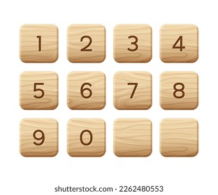 Wooden tiles alphabet. Square block with numbers. Game asset, puzzle games UI, vector illustration.