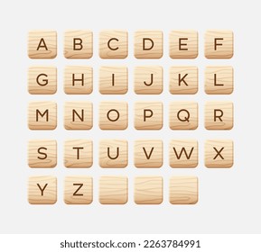 Wooden tiles alphabet. Square block with letters. Game asset, puzzle or crossword games UI, vector illustration.