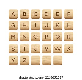 Wooden tiles alphabet. Square block with letters. Game asset, puzzle or crossword games UI, vector illustration.