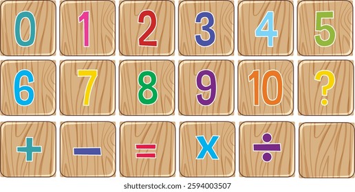 Wooden tiles with numbers and math symbols