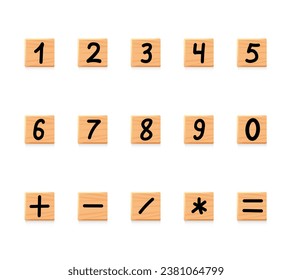 Wooden tiles numbers. Square block with math symbols. Game asset, educational puzzle games UI, vector illustration.
