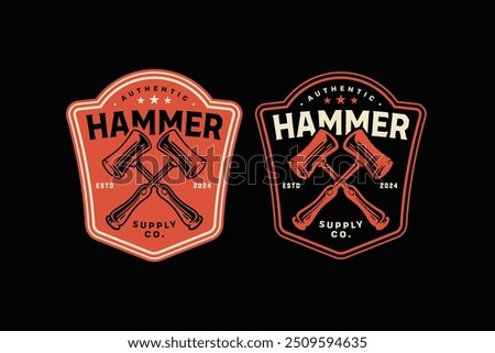 wooden timber mallet hammer crossed retro badge logo vector design set for craftsman, handyman, construction and industry company label, sign, symbol or brand identity 