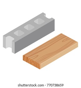 Wooden timber plank and cement block