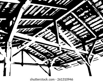 Wooden timber retro roof sketch. Perspective view roof of pavilion. Building design background element. Gray silhouette on white background. Vector illustration.