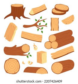 Wooden timbers set. Tree trunk, woodwork planks and logging twigs, lumber industry chopped firewood material isolated elements set. Oak or pine lumber and woodpile. Vector illustration