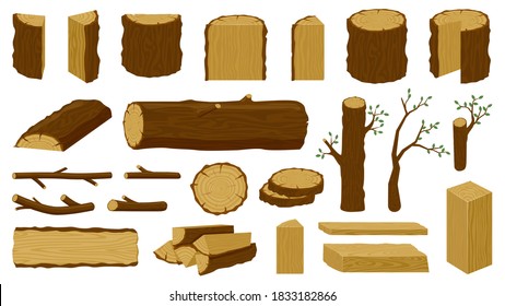 Wooden timbers. Tree trunk, woodwork planks and logging twigs, lumber industry chopped firewood material isolated vector illustration icons set. Oak or pine lumber and woodpile for industry
