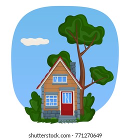 A wooden tiny house with stone trim. Vector illustration.