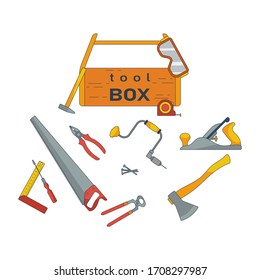 Caja de herramientas de madera y herramientas de carpintería para el trabajo de carpintero. Ilustración del vector en estilo plano