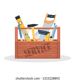 Wooden tool box, full of equipment, labeled service. Flat style vector illustration isolated on white background.