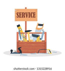 Wooden tool box, full of equipment, with service plate. Flat style vector illustration isolated on white background.