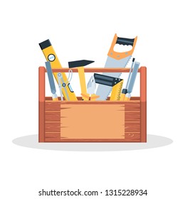 Wooden tool box, full of equipment, copy space. Flat style vector illustration isolated on white background.