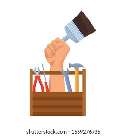 wooden tool box and hand holding a paint brush over white background, vector illustration