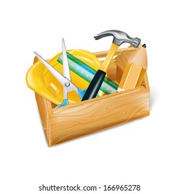 wooden tool box with hard hat, hammer,ruler and  pencil isolated on white 