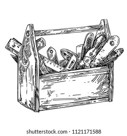 Wooden tool box. Sketch. Engraving style. Vector illustration.