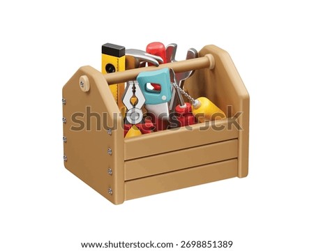 Wooden Toolbox with Assorted Hand Tools icon illustration 3d