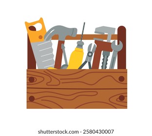 Wooden toolbox in flat style. Vector illustration of hand tools for repair. Colored icon of hammer, drill, saw, etc., eps 10