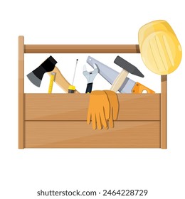 Wooden toolbox full of construction equipment. vector illustration in flat style