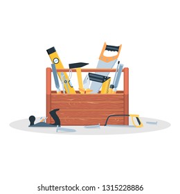 Wooden toolbox full of equipment. Flat style vector illustration isolated on white background.