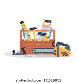Wooden toolbox full of equipment. Flat style vector illustration isolated on white background.