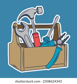 Wooden toolbox full of repair or construction instrument vector cartoon illustration