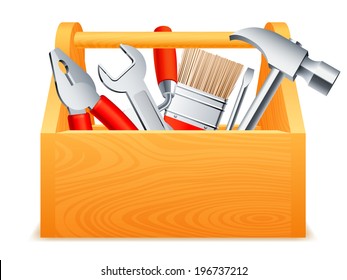 Wooden Toolbox Full Of Tools.