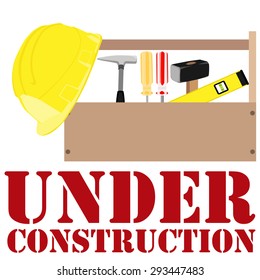 Wooden toolbox with handle. Vector illustration of  orange and red screwdriver, sledge hammer, helmet, hammer and level tool inside toolbox. Under construction symbols