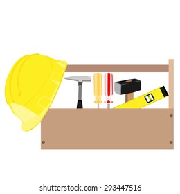 Wooden toolbox with handle. Vector illustration of  orange and red screwdriver, sledge hammer, helmet, hammer and level tool inside toolbox