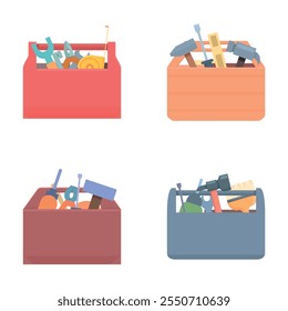 Wooden toolbox icons set cartoon vector. Toolbox with hand instrument inside. Construction and repair tool