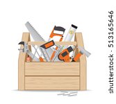Wooden toolbox with repair and construction working tools on white background, equipment flat design vector illustration.