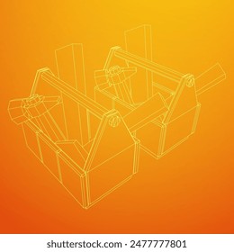 Caja de herramientas de madera con herramientas. Ilustración vectorial de malla de polietileno baja