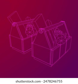 Caja de herramientas de madera con herramientas. Ilustración vectorial de malla de polietileno baja
