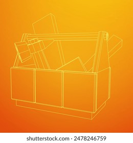 Caja de herramientas de madera con herramientas. Ilustración vectorial de malla de polietileno baja