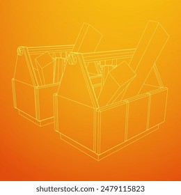 Wooden Toolbox with Tools. Wireframe low poly mesh vector illustration