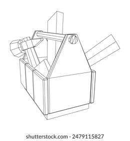 Caja de herramientas de madera con herramientas. Ilustración vectorial de malla de polietileno baja