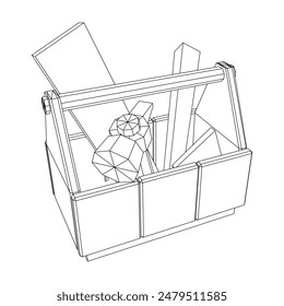 Wooden Toolbox with Tools. Wireframe low poly mesh vector illustration