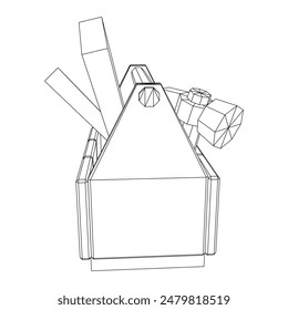 Wooden Toolbox with Tools. Wireframe low poly mesh vector illustration
