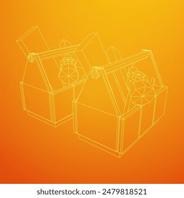 Caja de herramientas de madera con herramientas. Ilustración vectorial de malla de polietileno baja