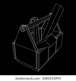 Holzwerkzeugkasten mit Werkzeugen. Drahtmodell-Vektorillustration mit niedrigem Polynetz