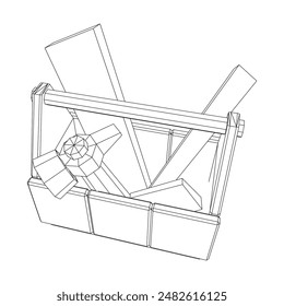 Caja de herramientas de madera con herramientas. Ilustración vectorial de malla de polietileno baja