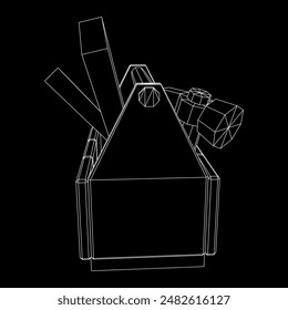 Wooden Toolbox with Tools. Wireframe low poly mesh vector illustration