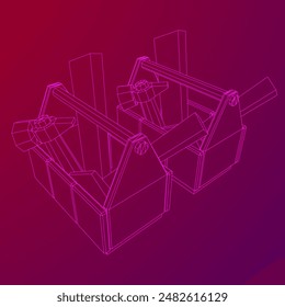 Wooden Toolbox with Tools. Wireframe low poly mesh vector illustration