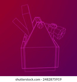 Caja de herramientas de madera con herramientas. Ilustración vectorial de malla de polietileno baja