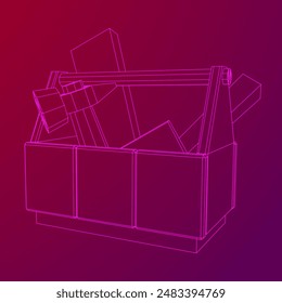 Wooden Toolbox with Tools. Wireframe low poly mesh vector illustration